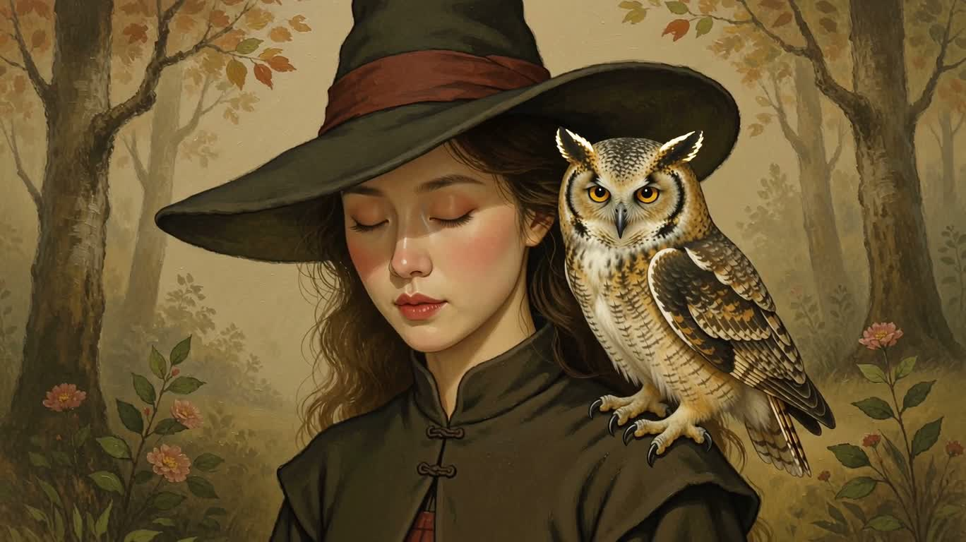 木板上的猫头鹰女巫