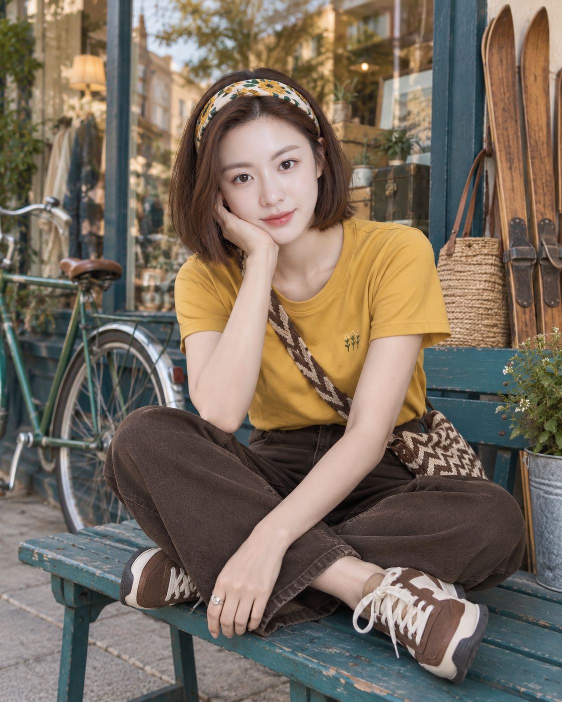 芥末黄女孩的复古街头午后 — AI image creation
