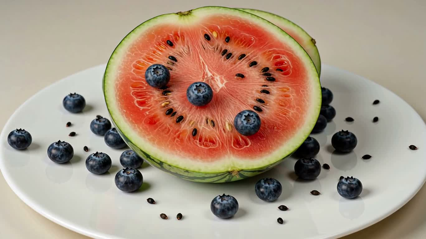 Still Life with Watermelon, Blueberries and White Plate