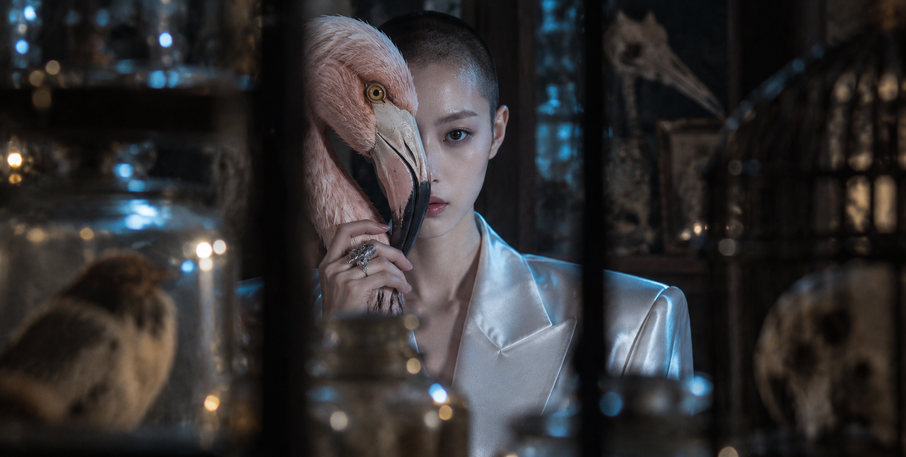 幽暗标本室里的火烈鸟半脸幻觉 — AI image creation