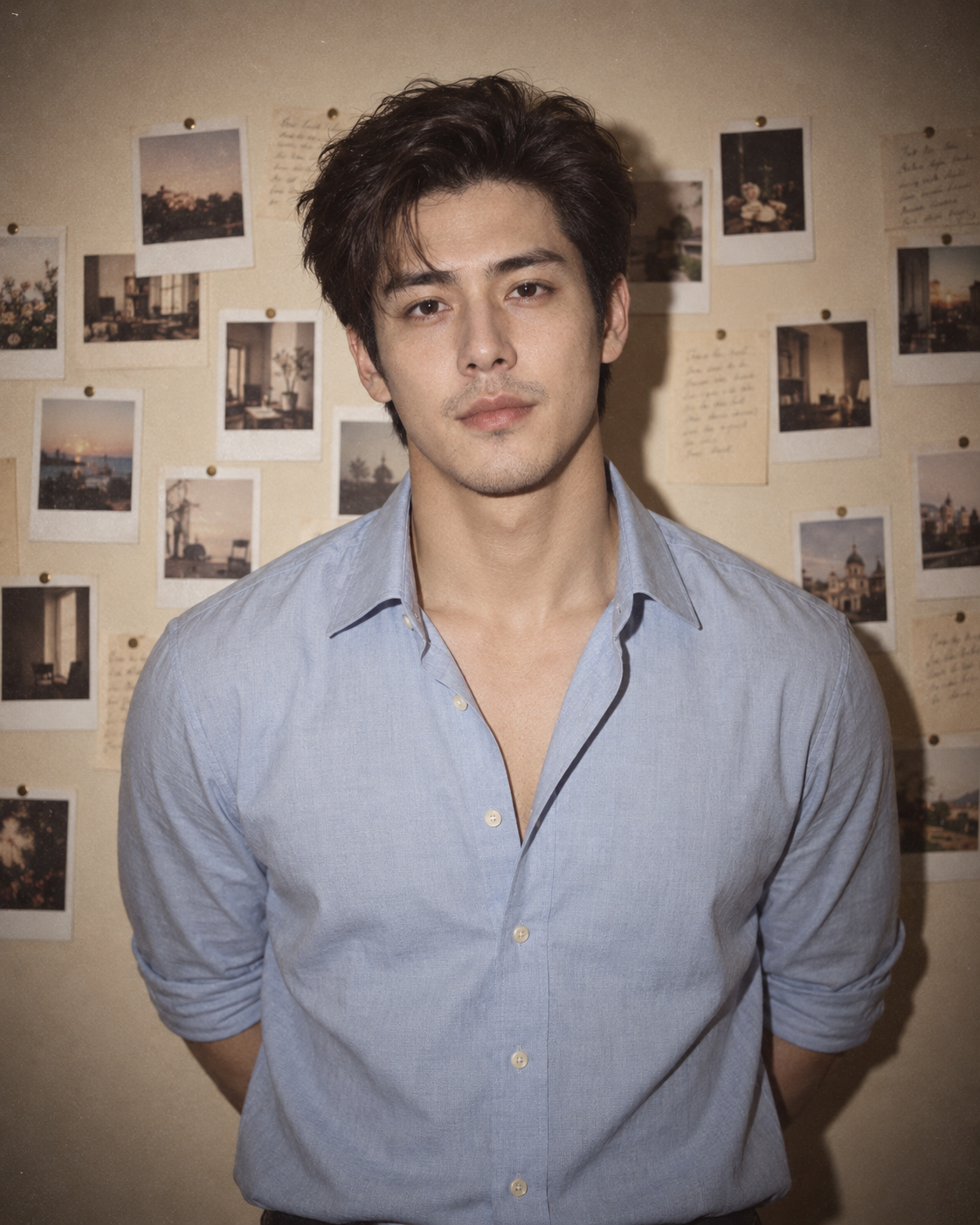 宝丽来墙前的九零年代时尚男模 — AI image creation