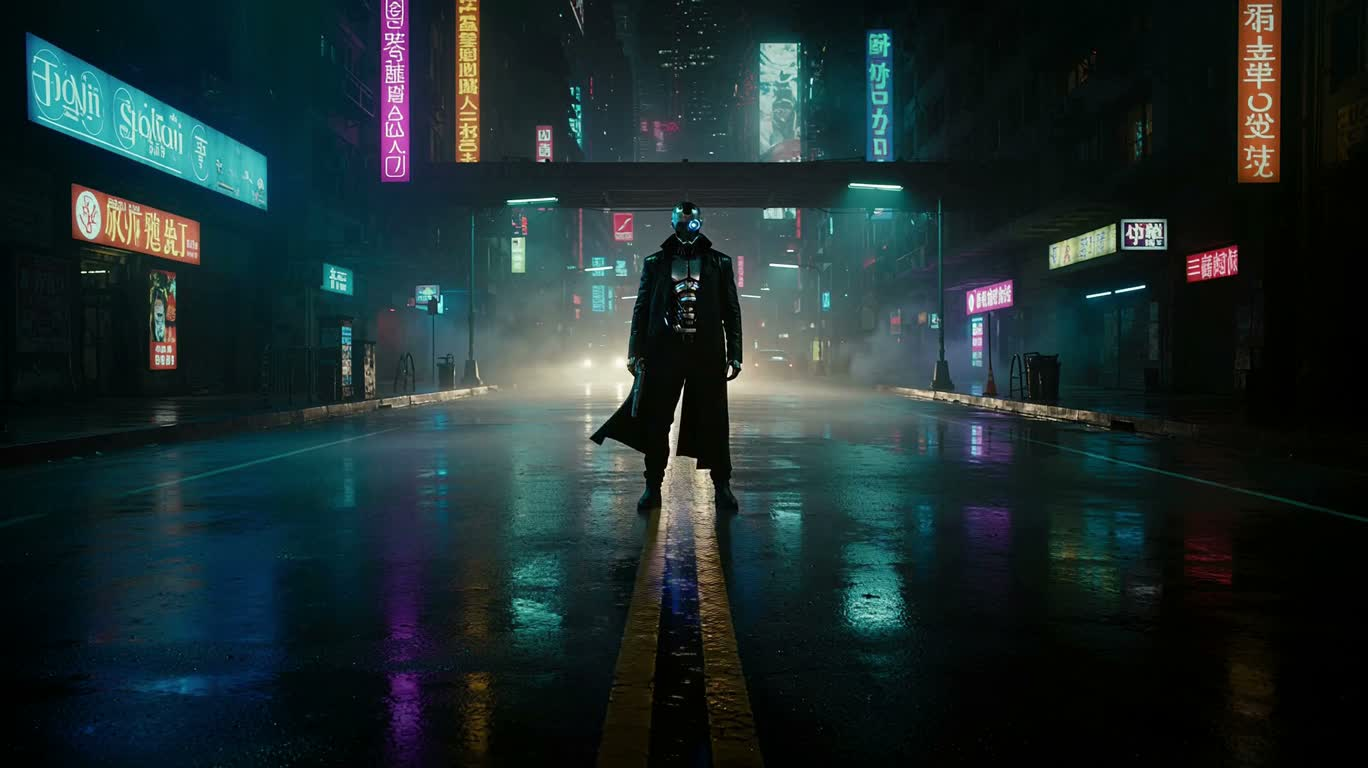 霓虹雨夜的赛博枪手 — AI video creation