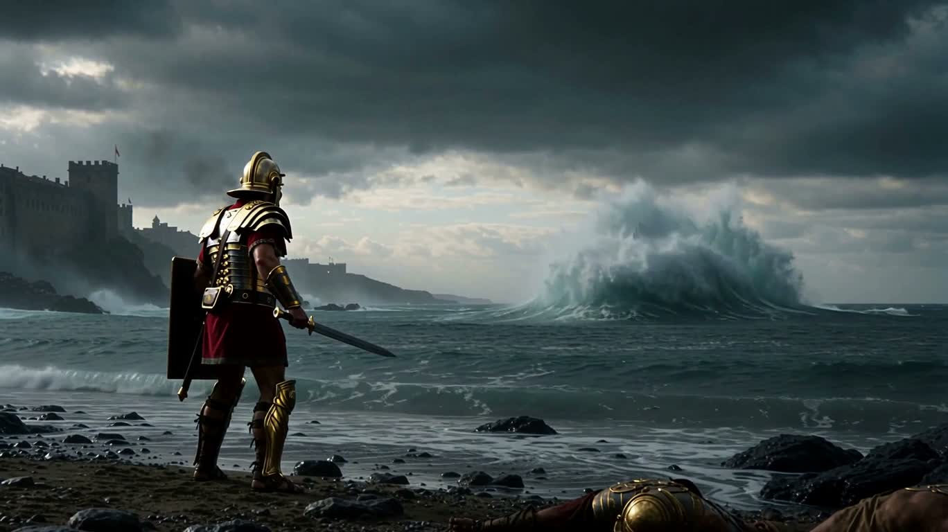 Soldat romain combattant un monstre marin — AI video creation