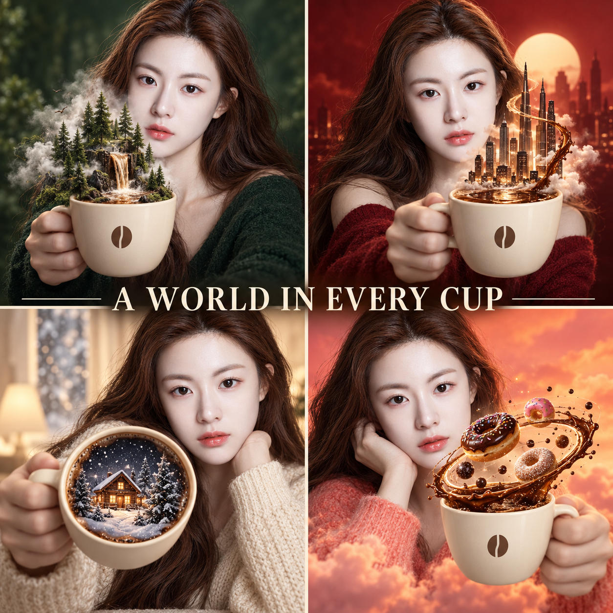 四格超现实咖啡创意广告 — AI image creation