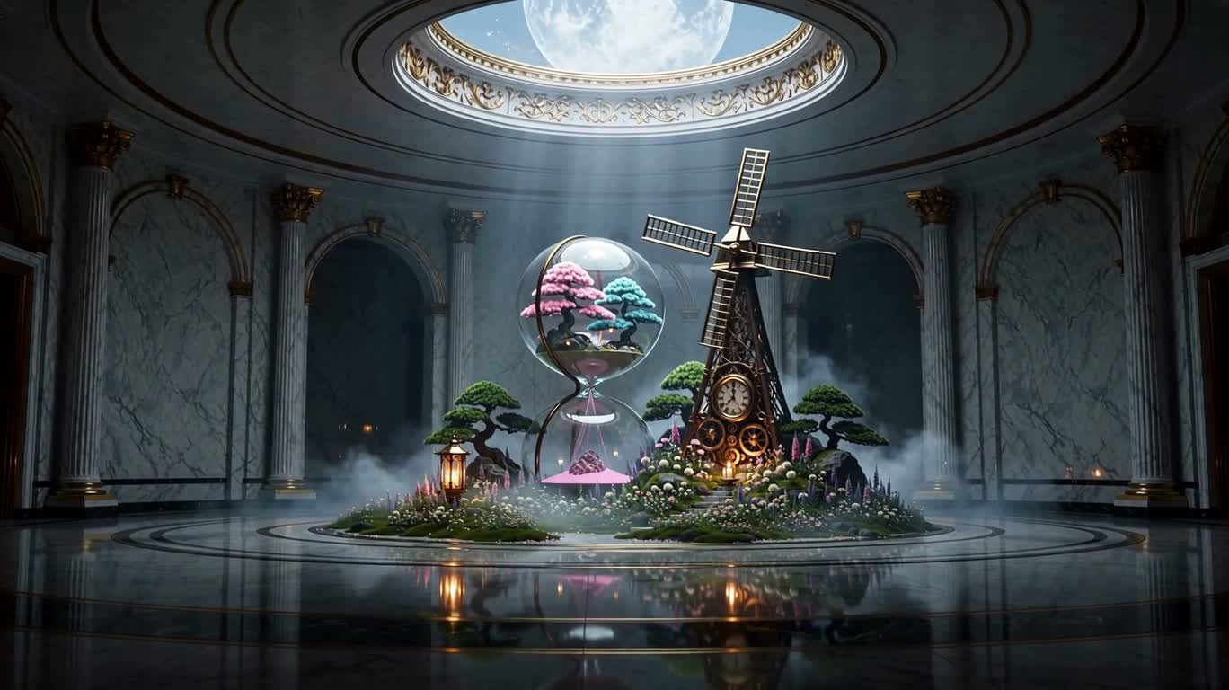 Moulin du jardin temporel de marbre — AI video creation