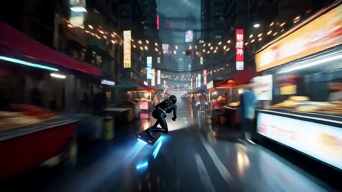 霓虹都市的反重力数据信使 — AI video creation