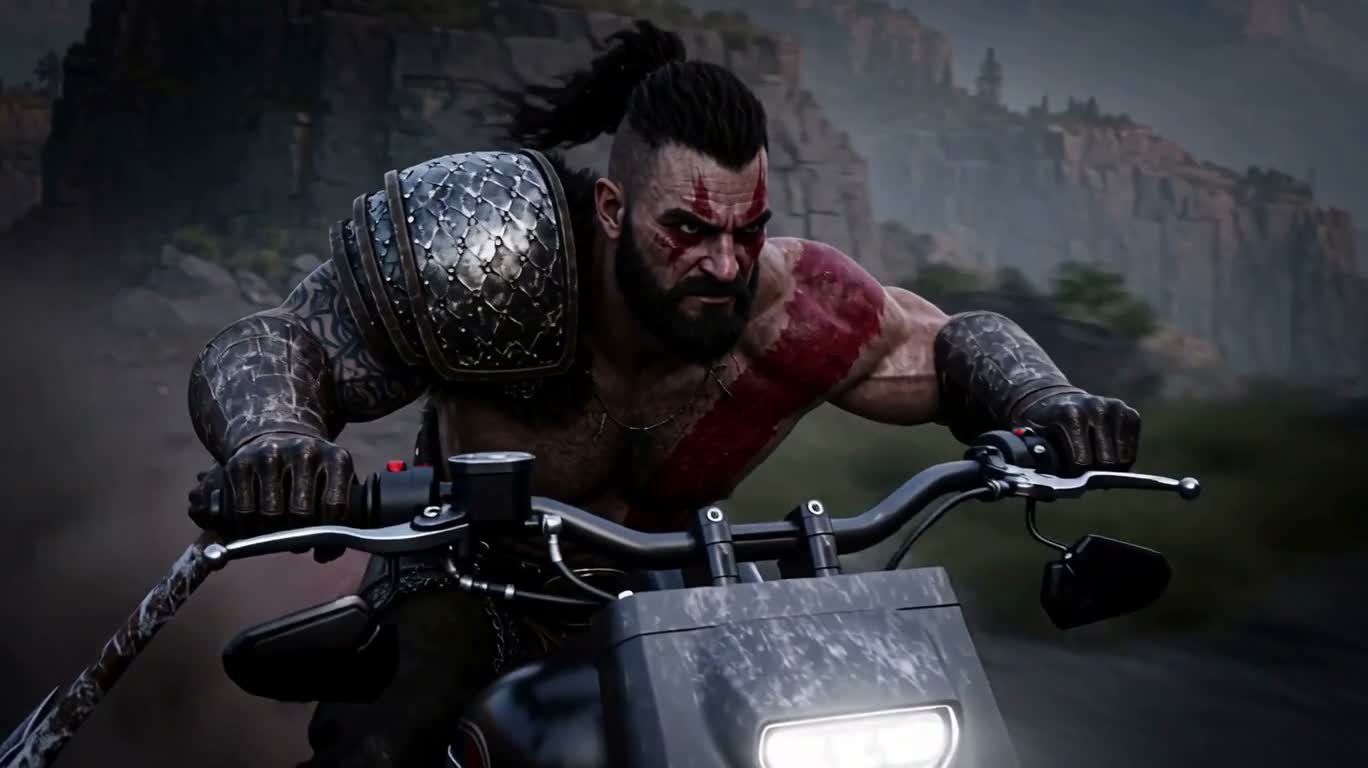 War God Leaps on a Black Motorcycle — AI video creation