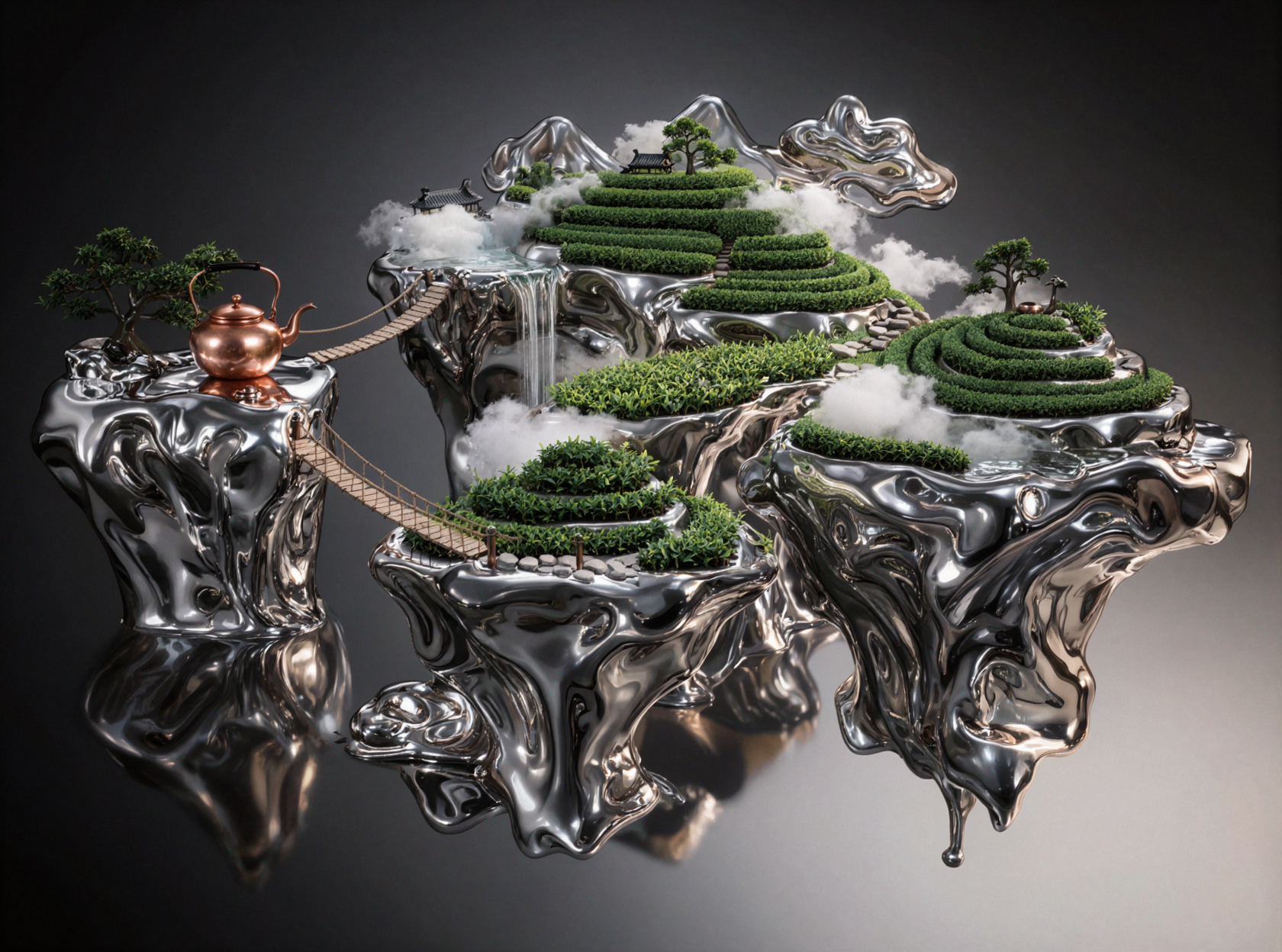 Tea Garden Above the Clouds · Liquid Metal — AI image creation
