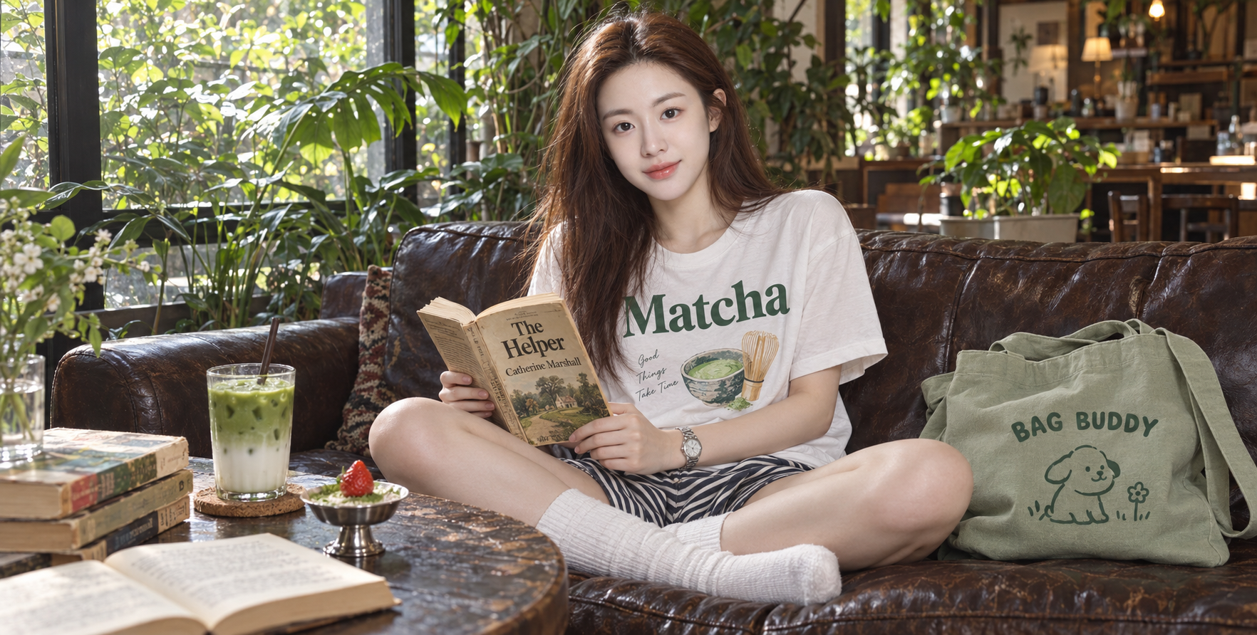 绿植咖啡馆里的成年女性阅读瞬间 — AI image creation