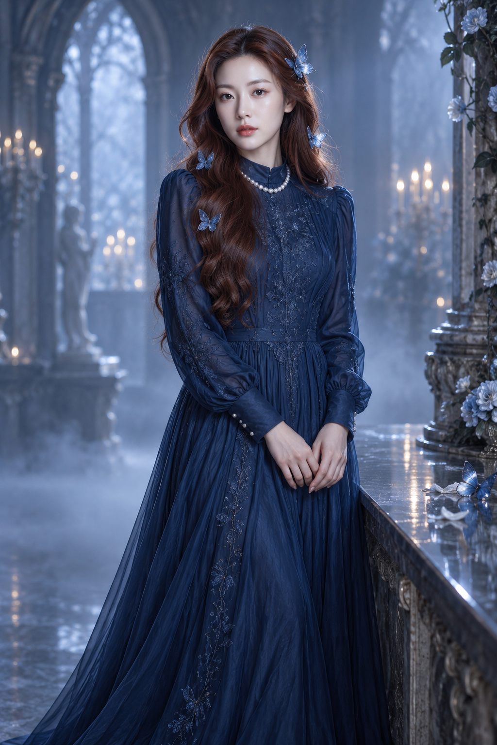 蓝色雾光中的成年女性幻想礼服肖像 — AI image creation