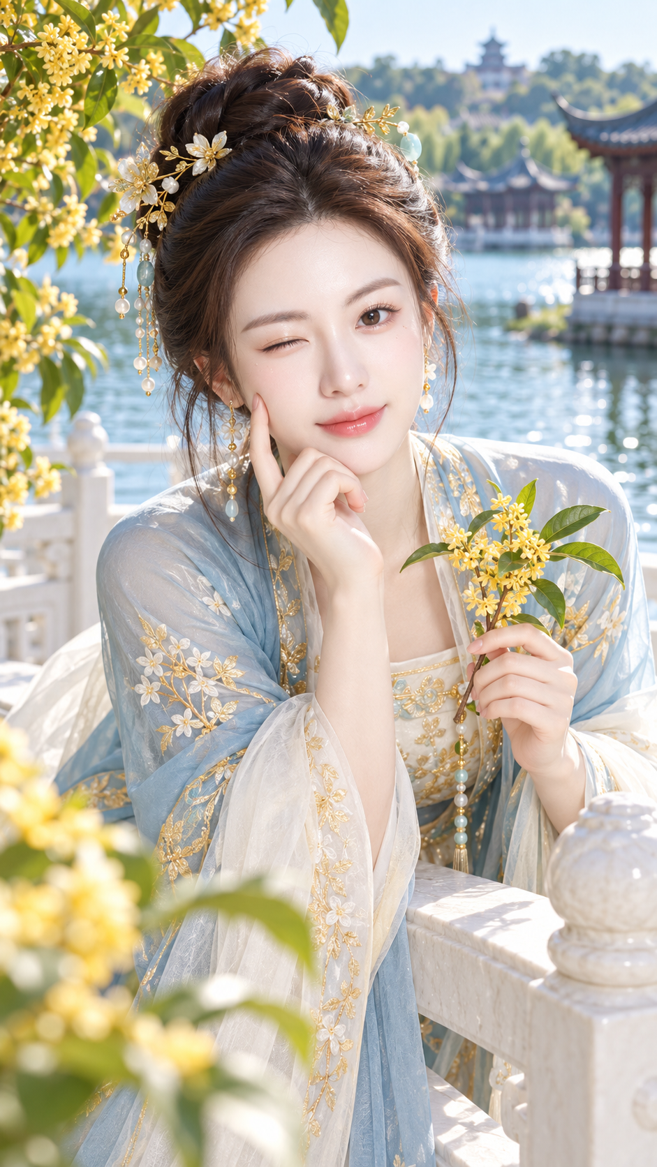 金木犀と湖の輝き 東方古典貴婦人のポートレート表紙 — AI image creation