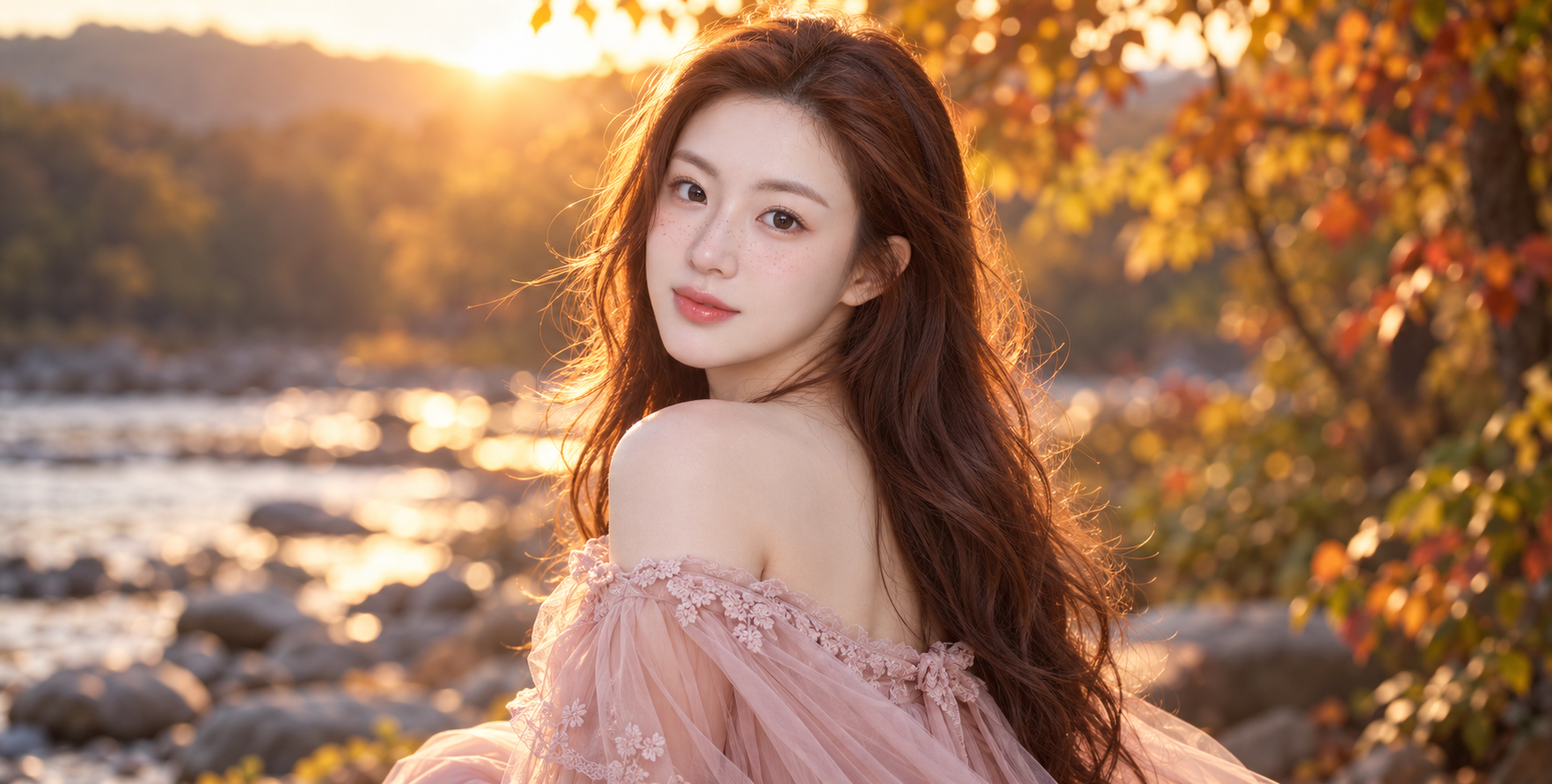 Portrait of a Woman in a Pale Pink Gown Looking Back at Sunset on an Autumn Riverbank