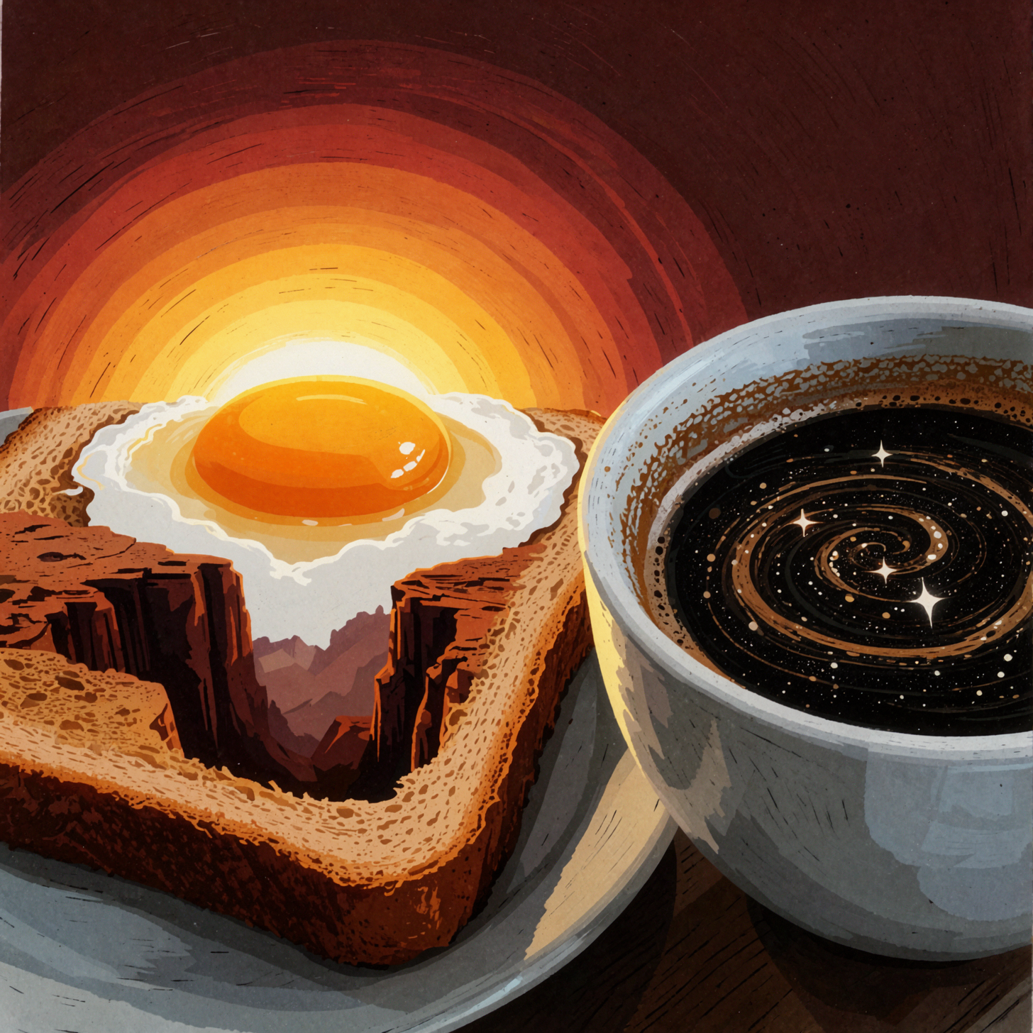 Petit-déjeuner planétaire · Gravure en aplats — AI image creation