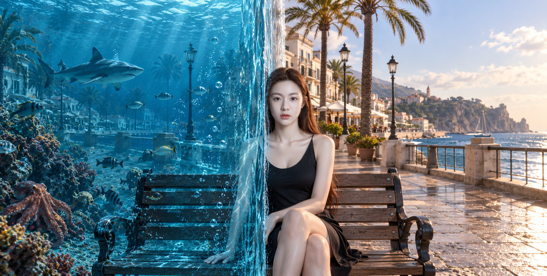 Cảnh biển và đất liền bị chia cắt bởi bức tường nước thẳng đứng