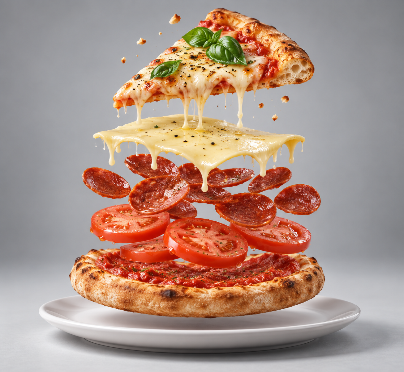 白盘上方悬浮分层的解构披萨美食摄影 — AI image creation