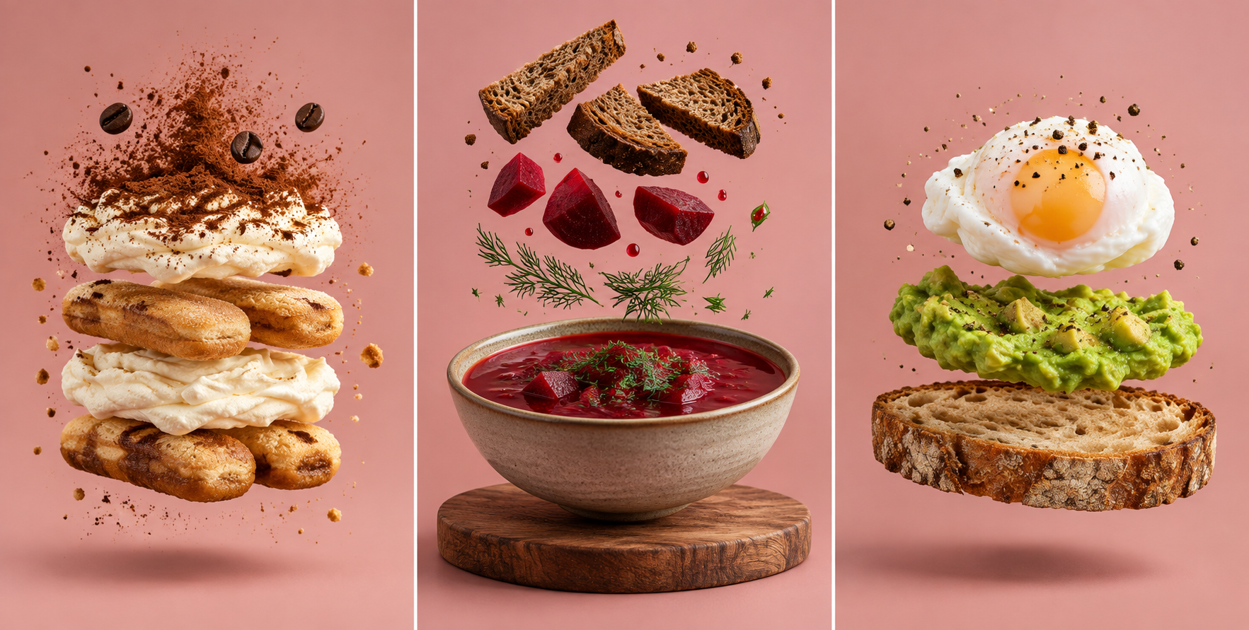 灰粉背景下的悬浮解构美食三联画 — AI image creation