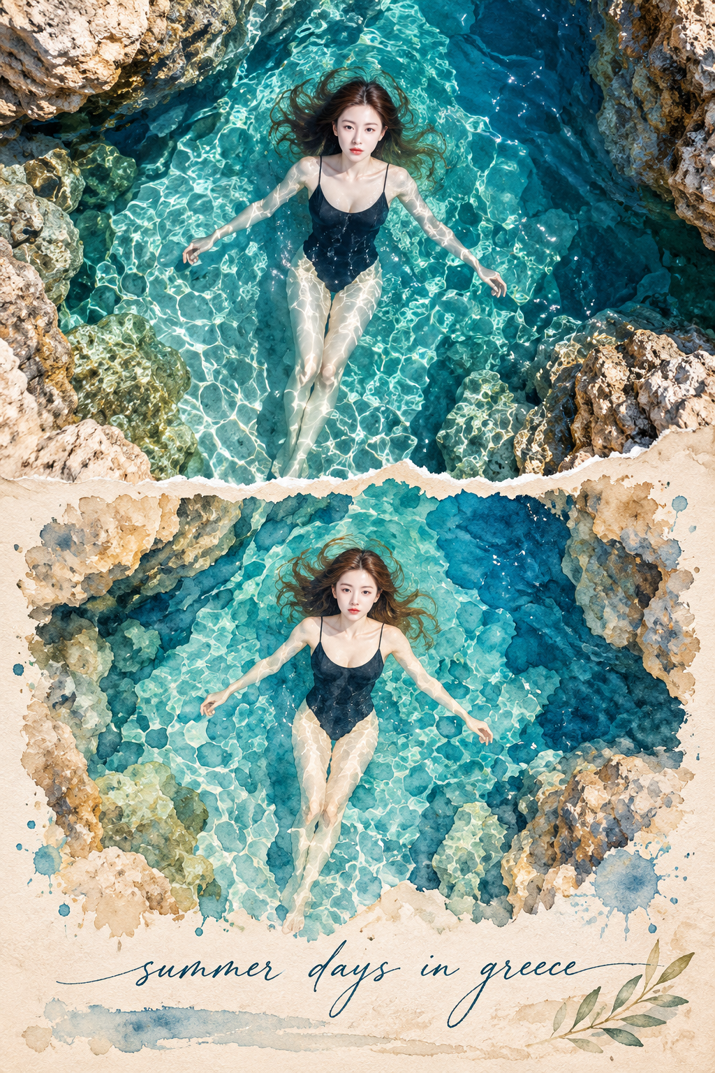 그리스 여름 천연 수영장을 담은 사실적 수채화 여행 일지 포스터