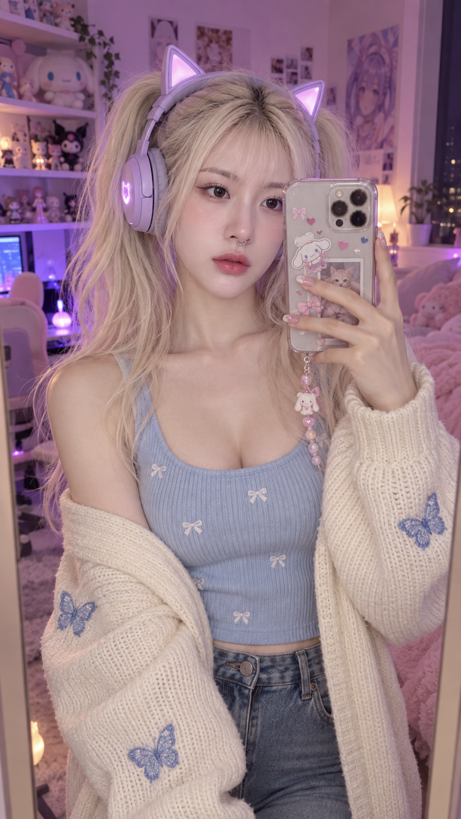 Ảnh selfie của nữ game thủ trưởng thành trong phòng ngủ ánh tím