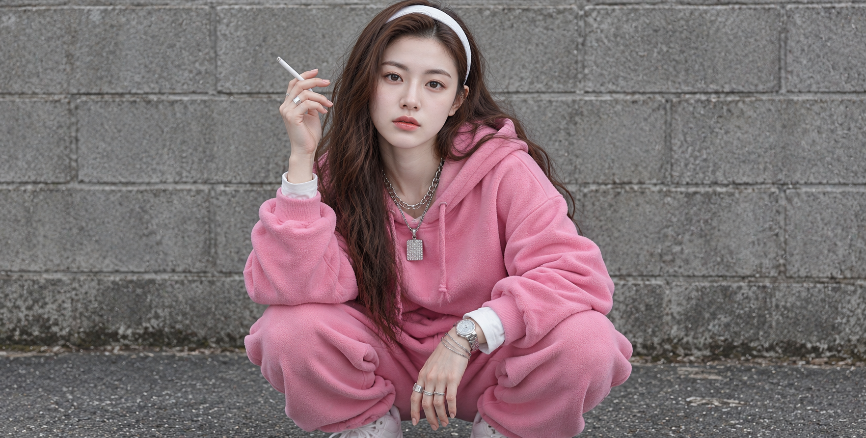 泡泡糖粉运动套装的成年女性街头时尚肖像 — AI image creation