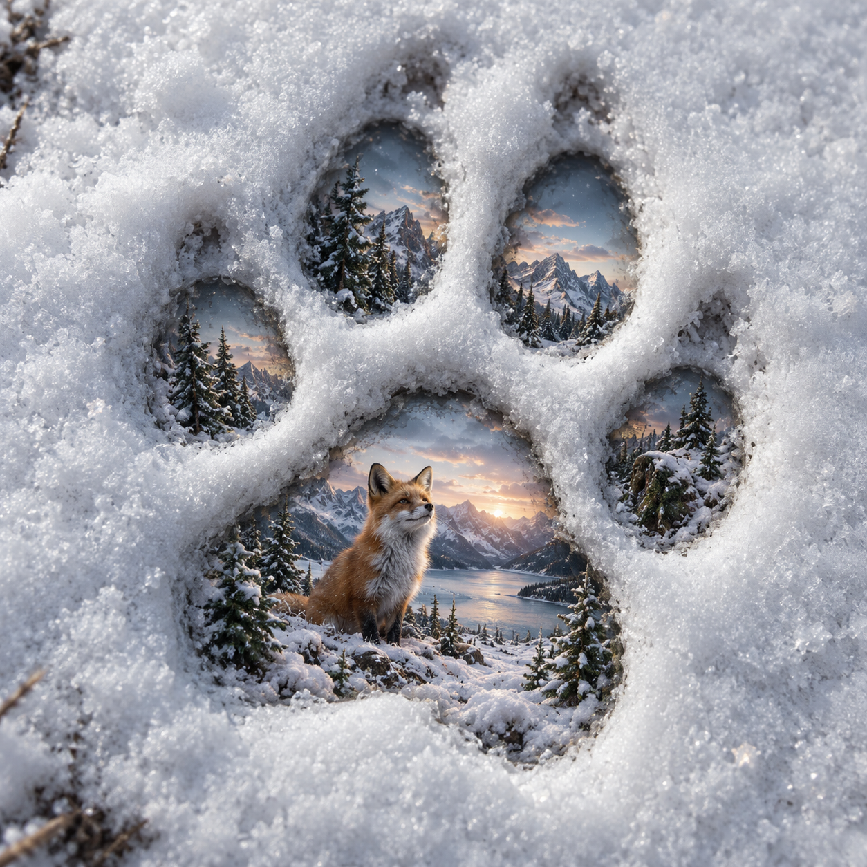 踏雪留痕:脚印中的微观秘境 — AI image creation