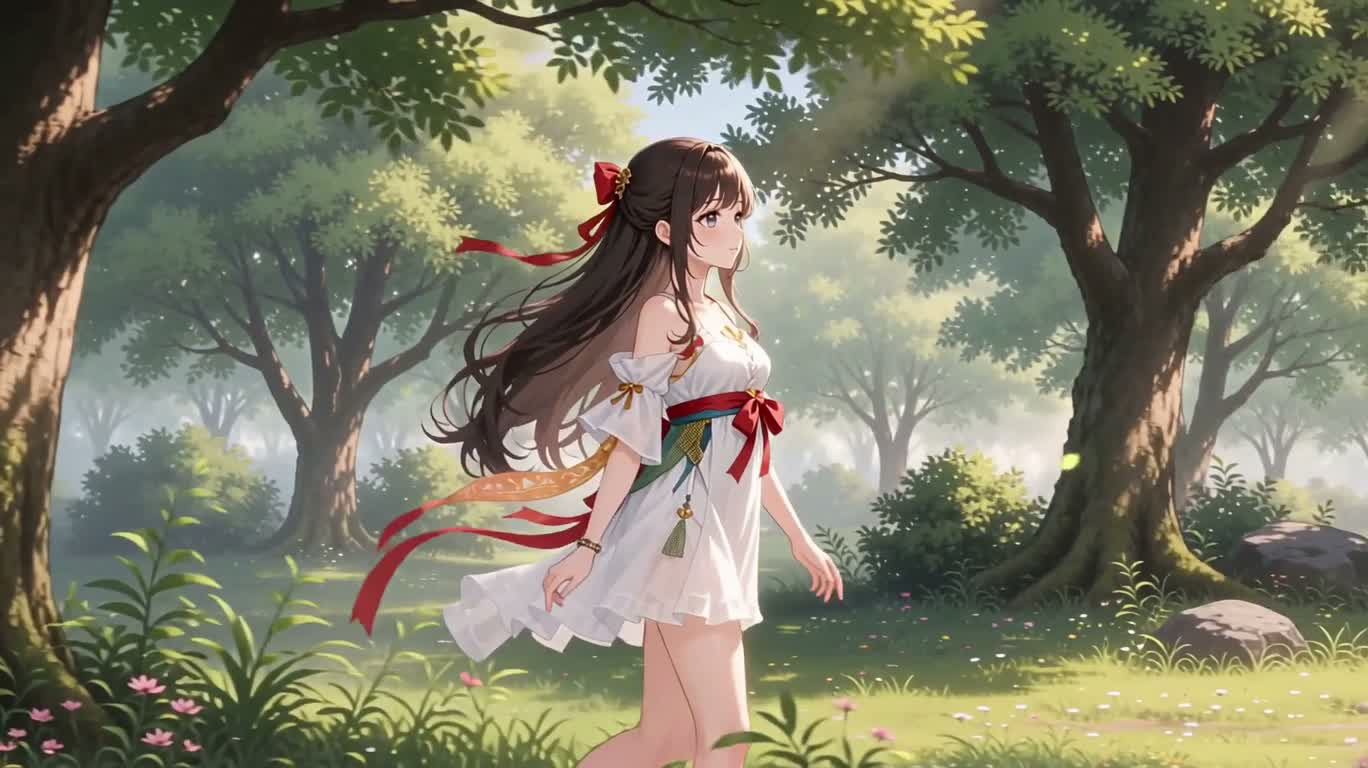 햇살 가득한 숲속의 파스텔 애니 소녀