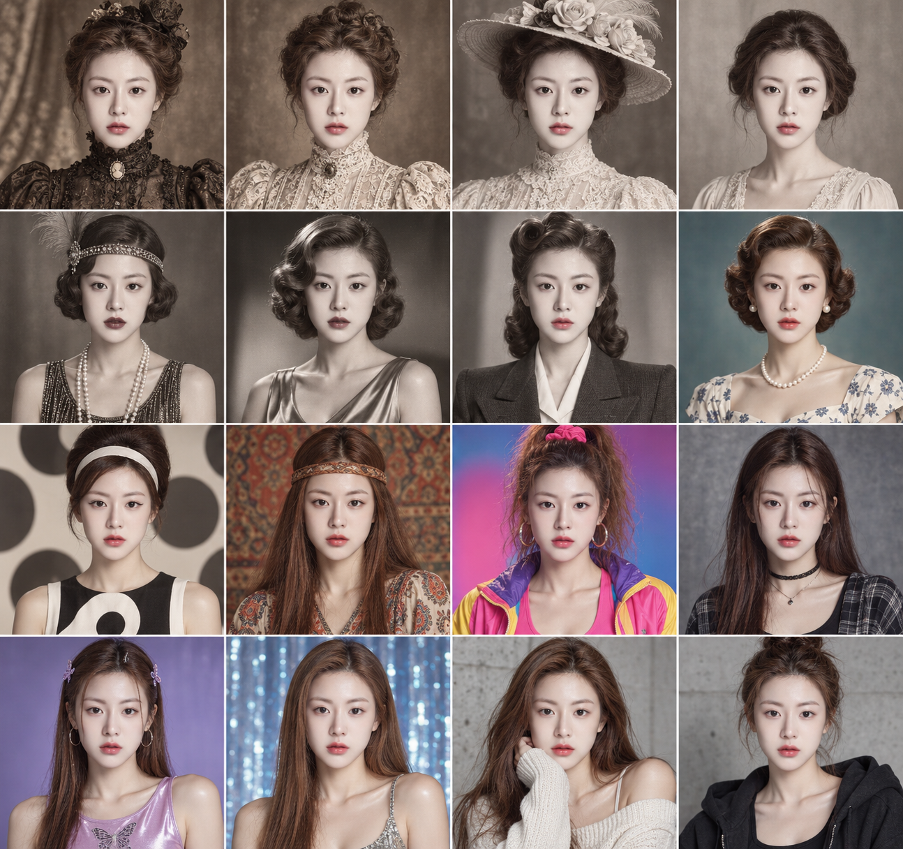 百年时尚演变:十六个年代的女性肖像 — AI image creation
