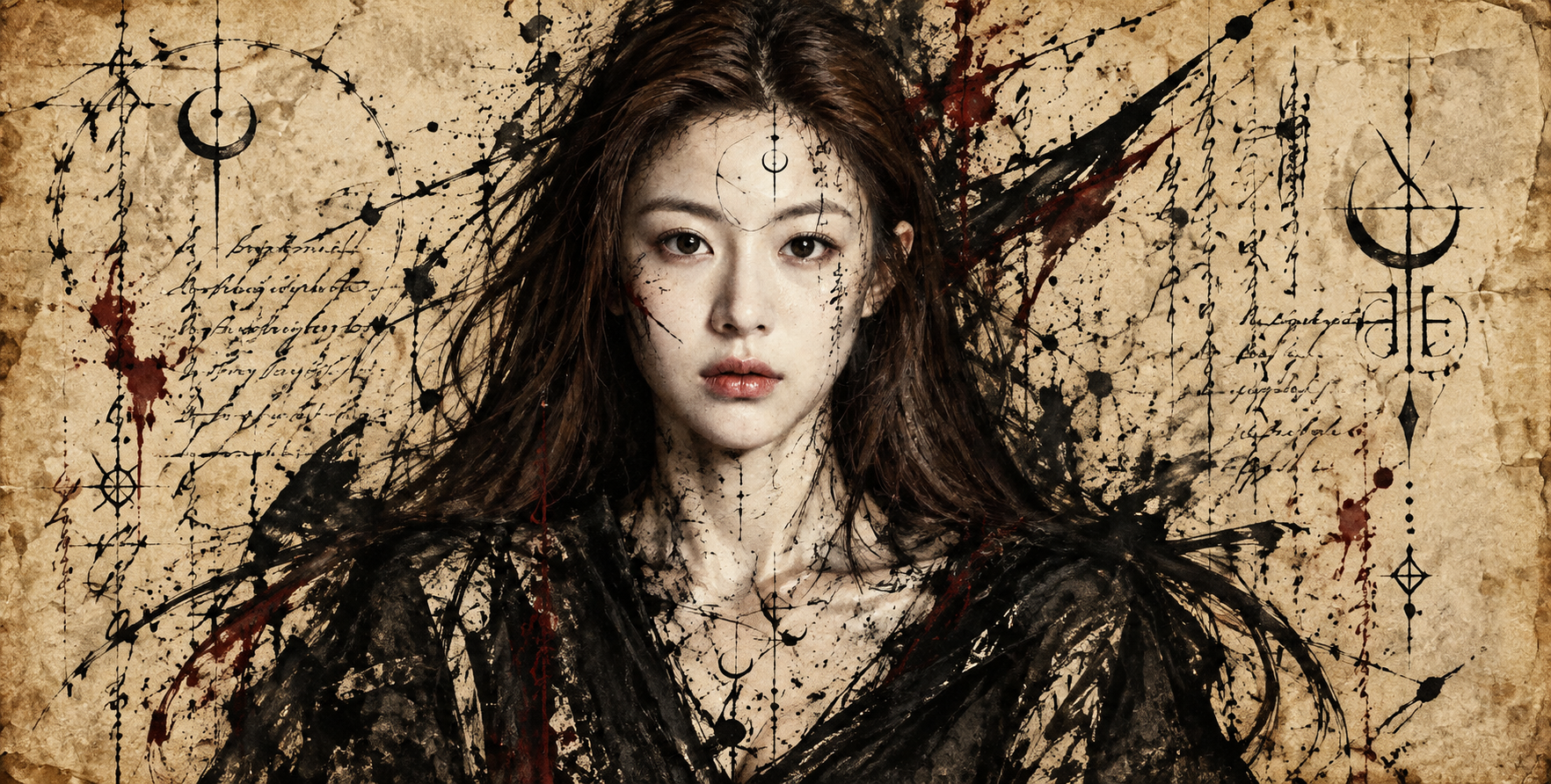 泛黄古卷上覆盖神秘符文的墨迹肖像 — AI image creation