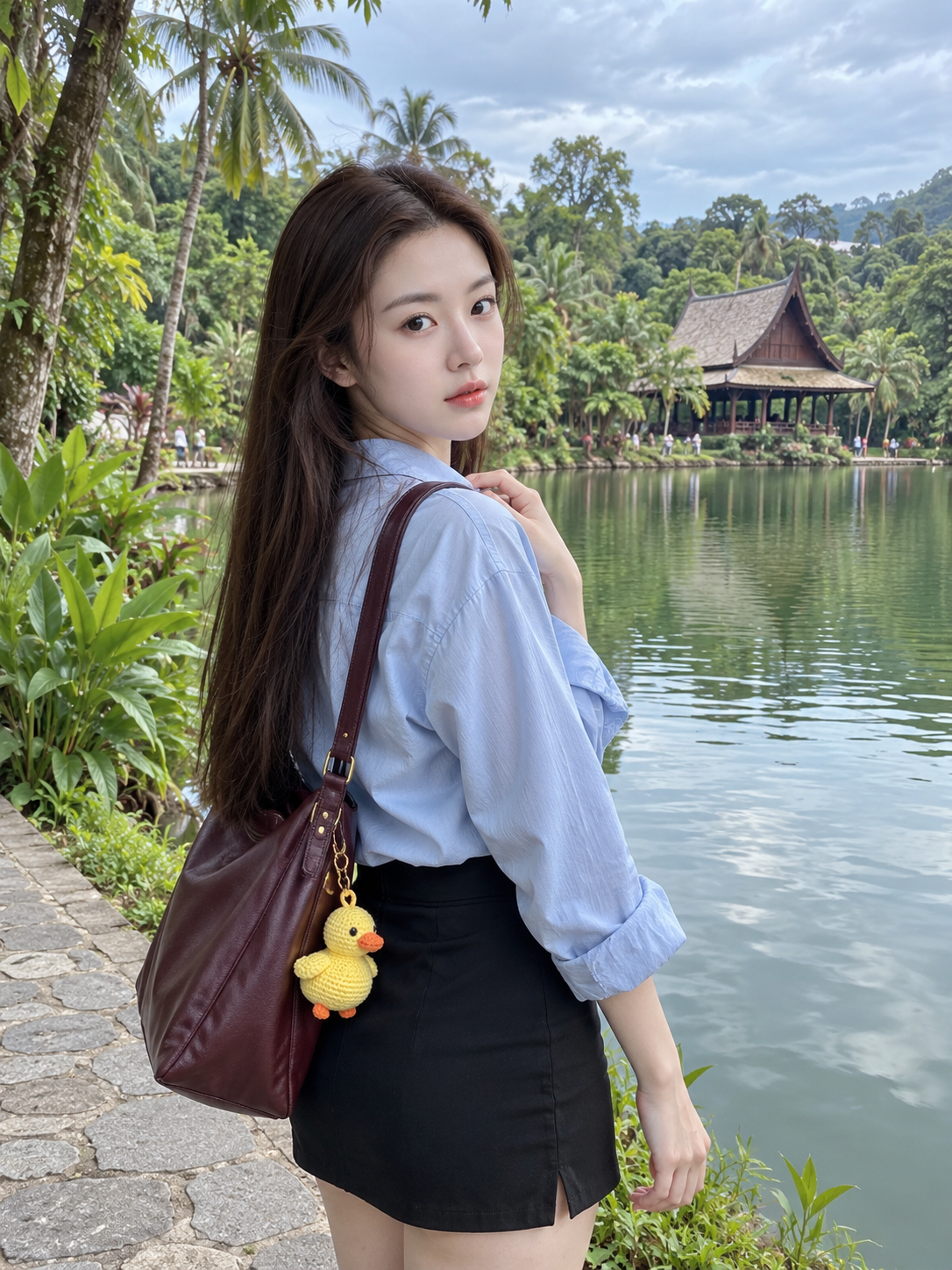 湖畔热带植物园中的成年女性手机旅行人像 — AI image prompt