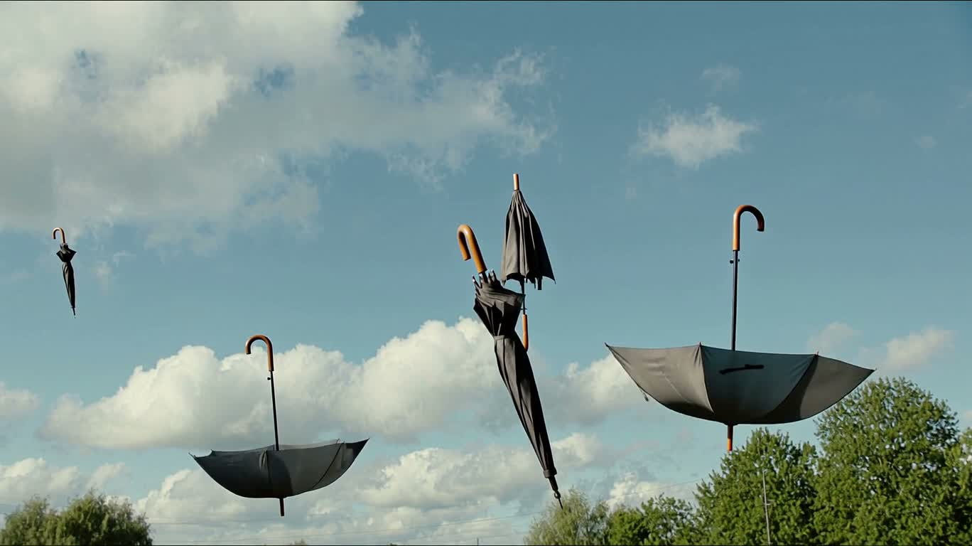Ciel onirique aux parapluies flottants