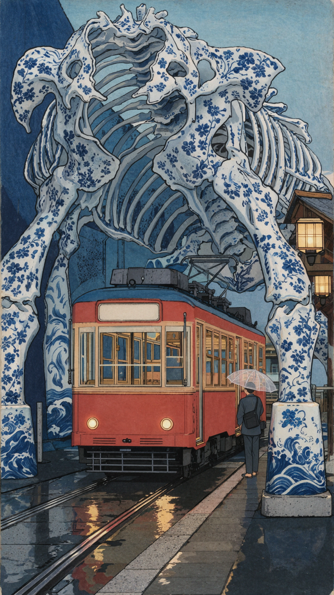 Celadon Whalebone Tram Stop · Ukiyo-e Woodblock — AI image creation