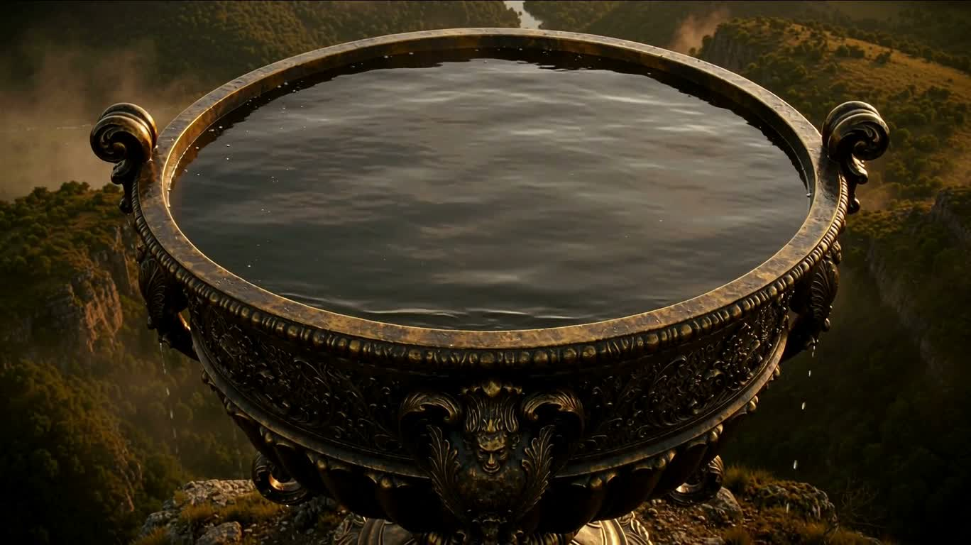 Calice de fer géant débordant d'eau lacustre — AI video creation