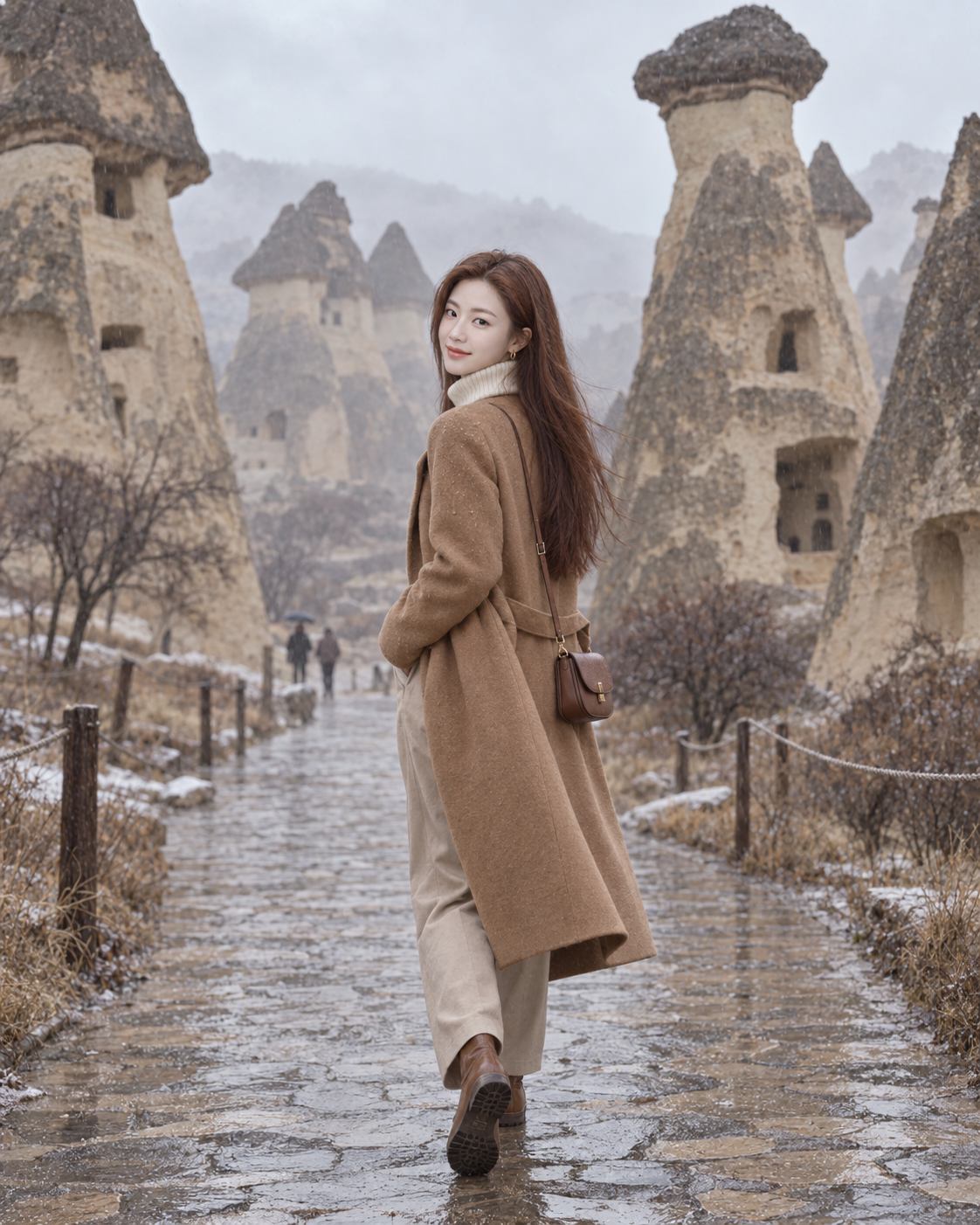 冬雨中的卡帕多奇亚旅行时尚肖像 — AI image creation