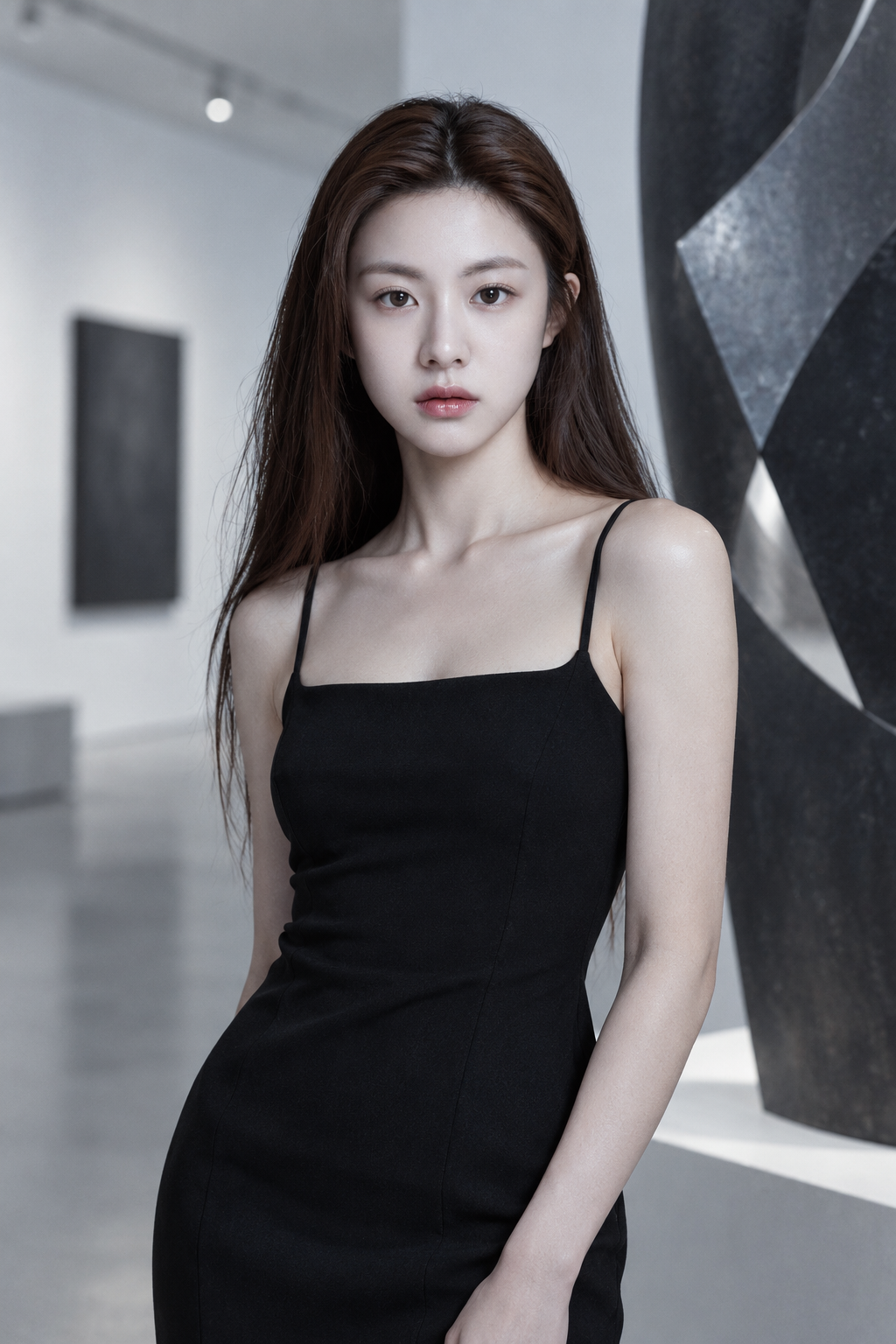 冷艳黑裙女郎凝视艺术展 — AI image creation