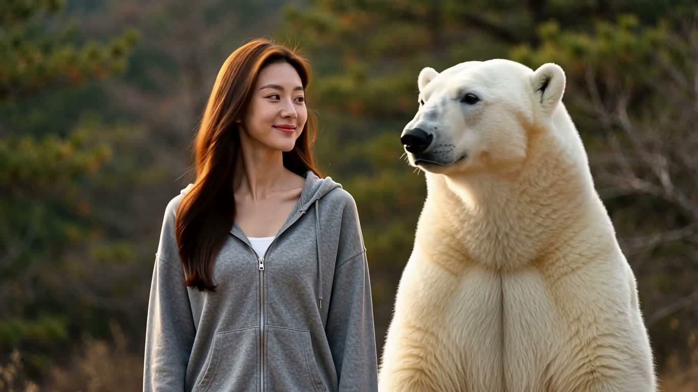 A Friendly Embrace Between a Polar Bear and a Woman — AI video creation