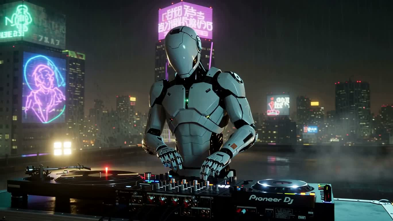 雨夜东京屋顶的机械 DJ — AI video creation