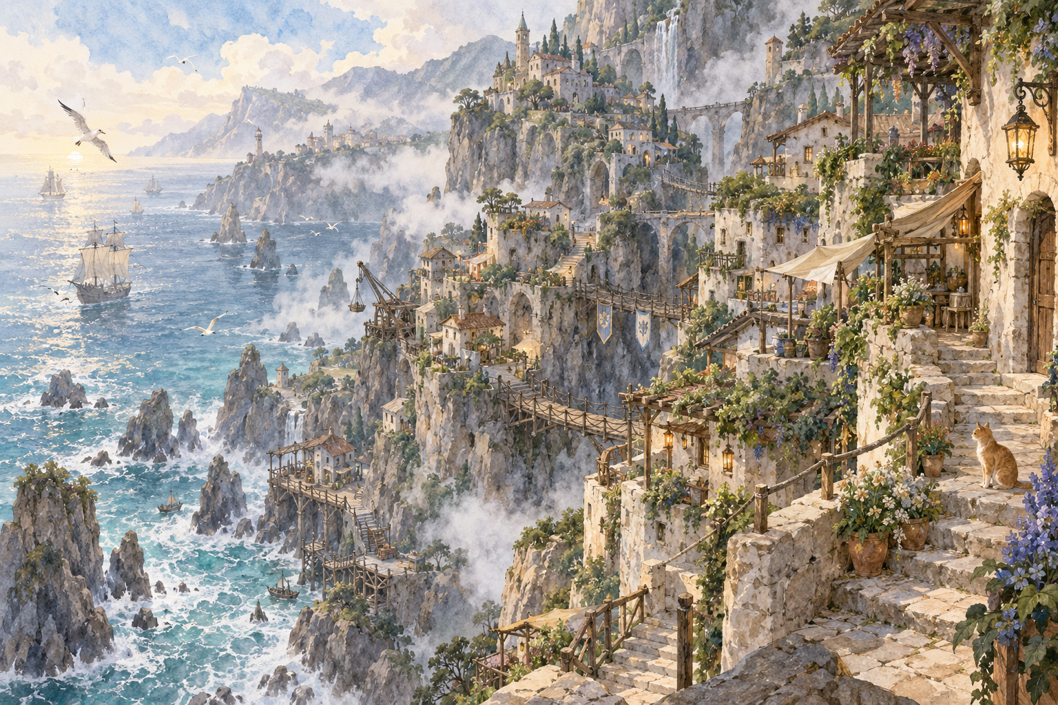 悬崖水彩画里的海边童话村庄 — AI image creation