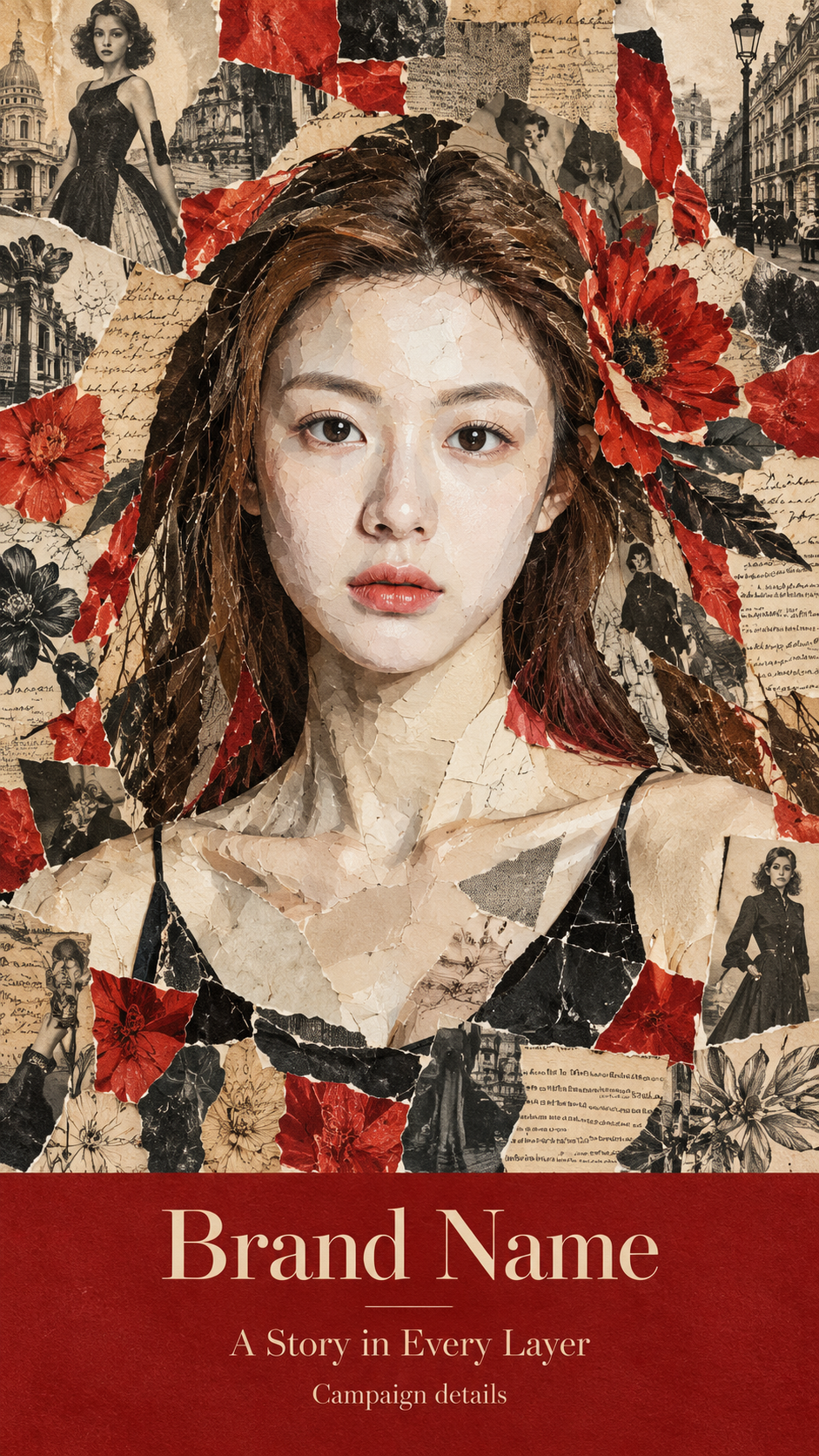 复古社论风撕纸拼贴人像海报模板 — AI image creation