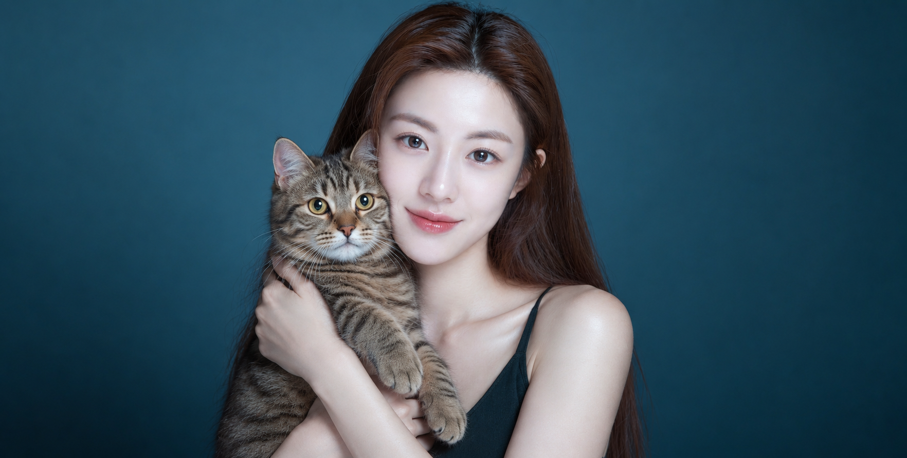 成年女性温柔拥抱虎斑猫的青绿色影棚肖像 — AI image creation