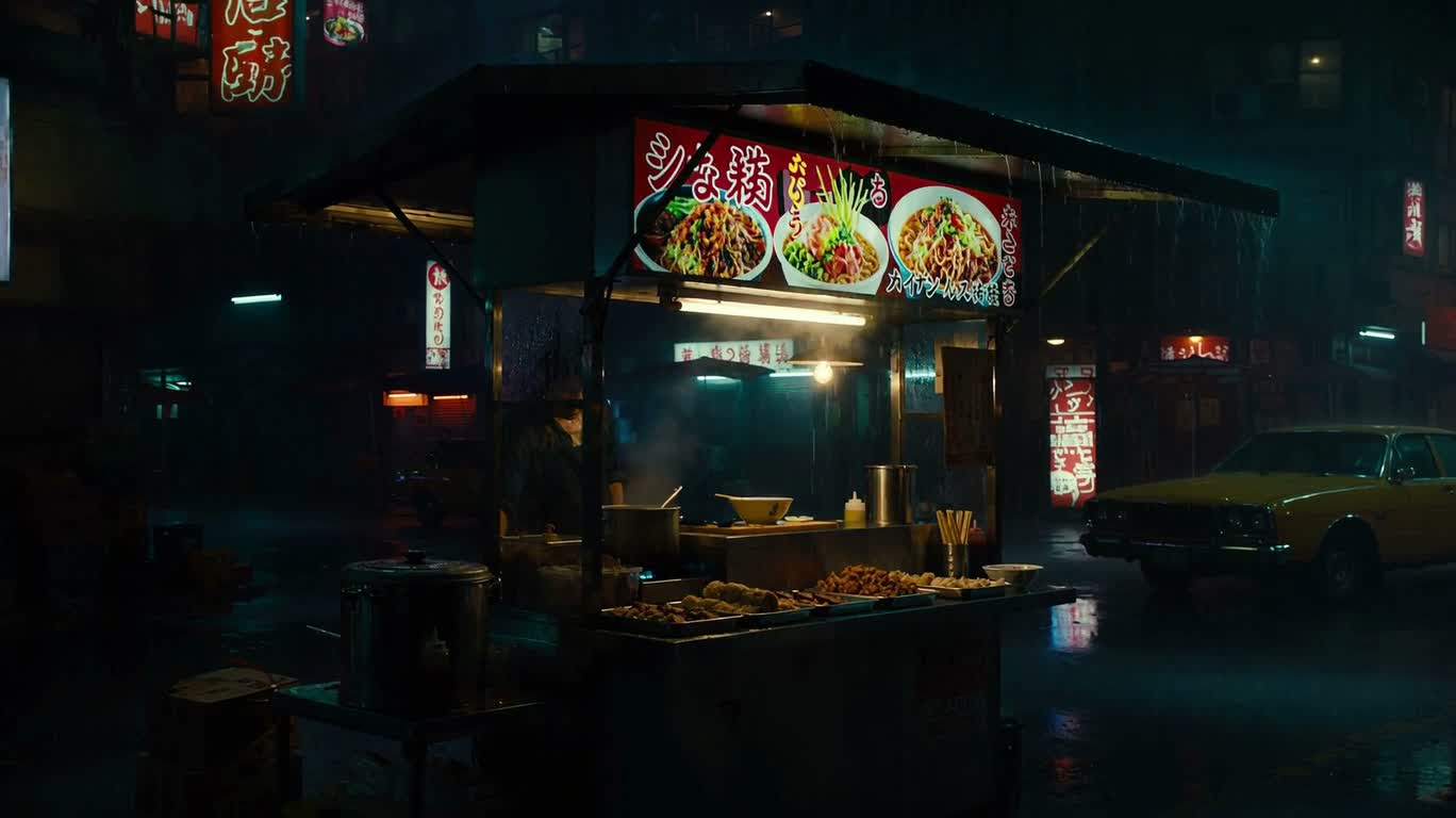 霓虹雨巷拉面摊 — AI video creation