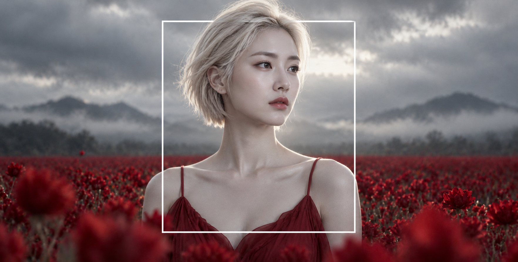 白框与深红花海中的铂金短发侧像 — AI image creation