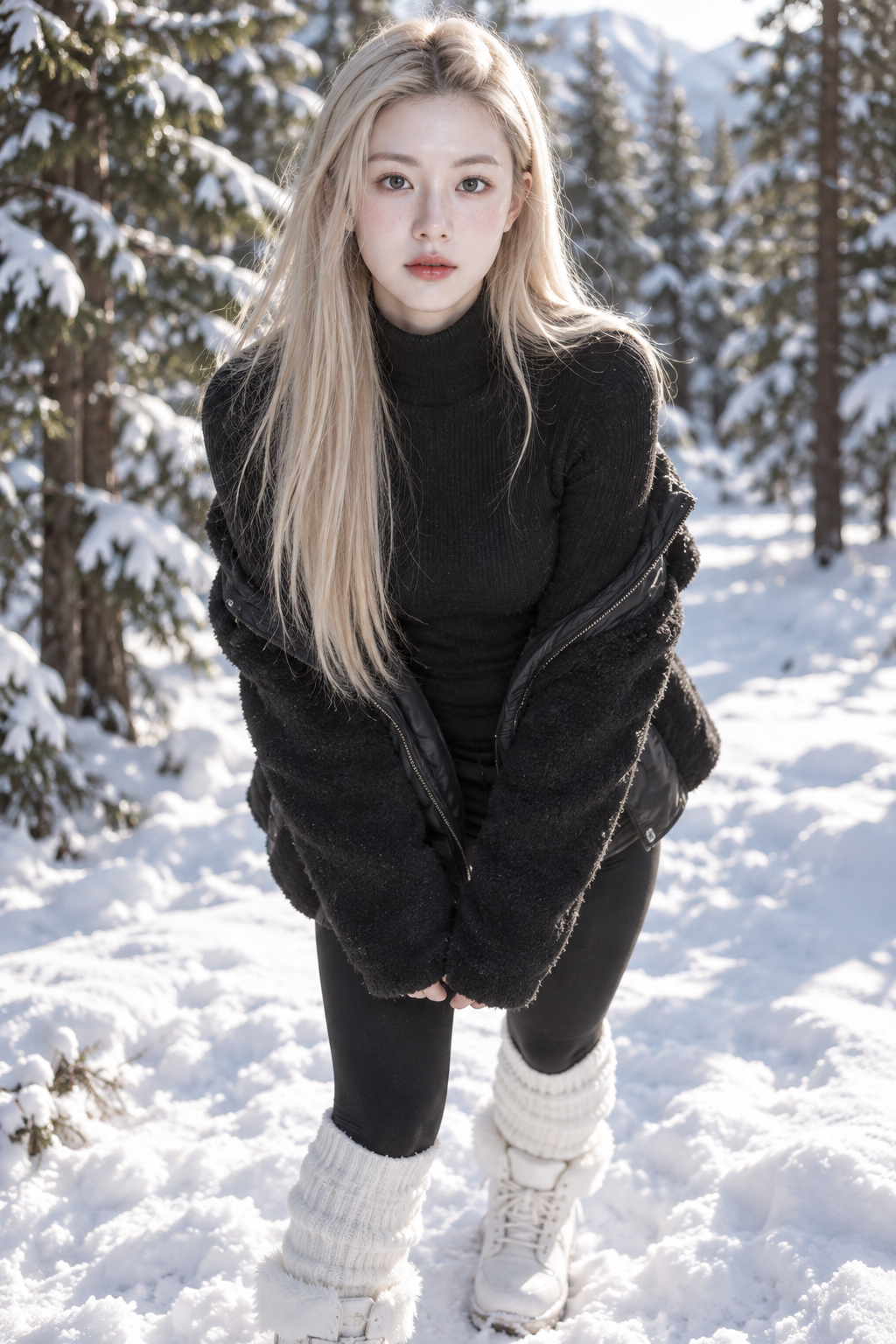 雪林冬日极简成年女性时尚肖像 — AI image creation