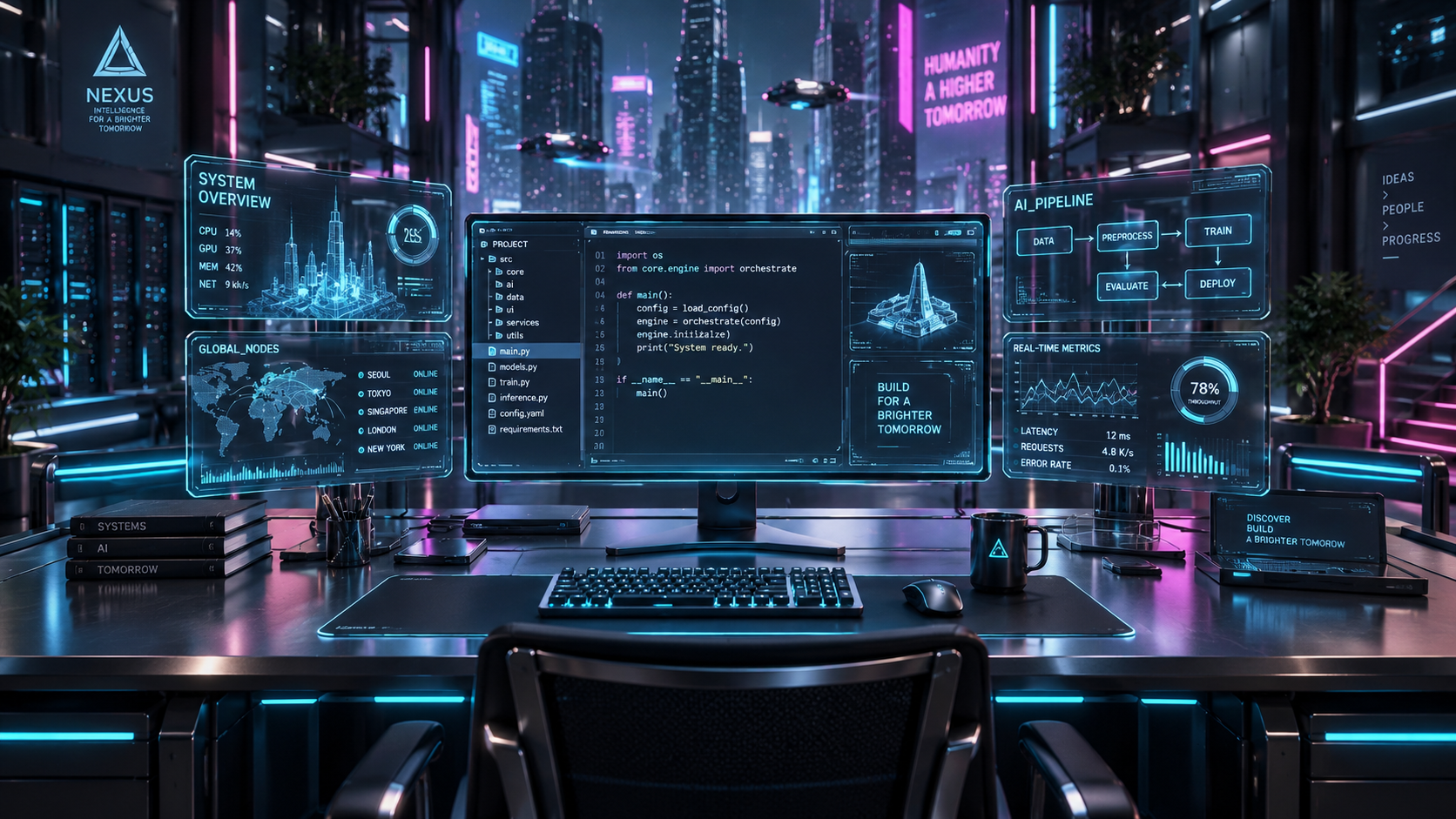 赛博朋克全息代码的梦幻工作台 — AI image creation