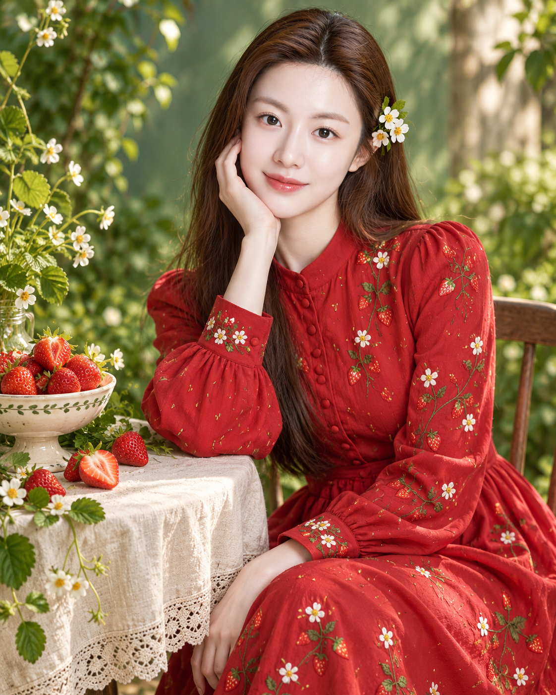 딸기 정원에서 영감을 받은 창의적인 패션 포트레이트 — AI image creation