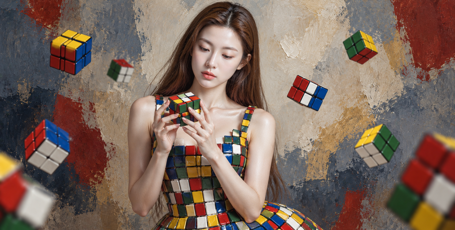 魔方裙成年模特的超写实油画肖像 — AI image creation