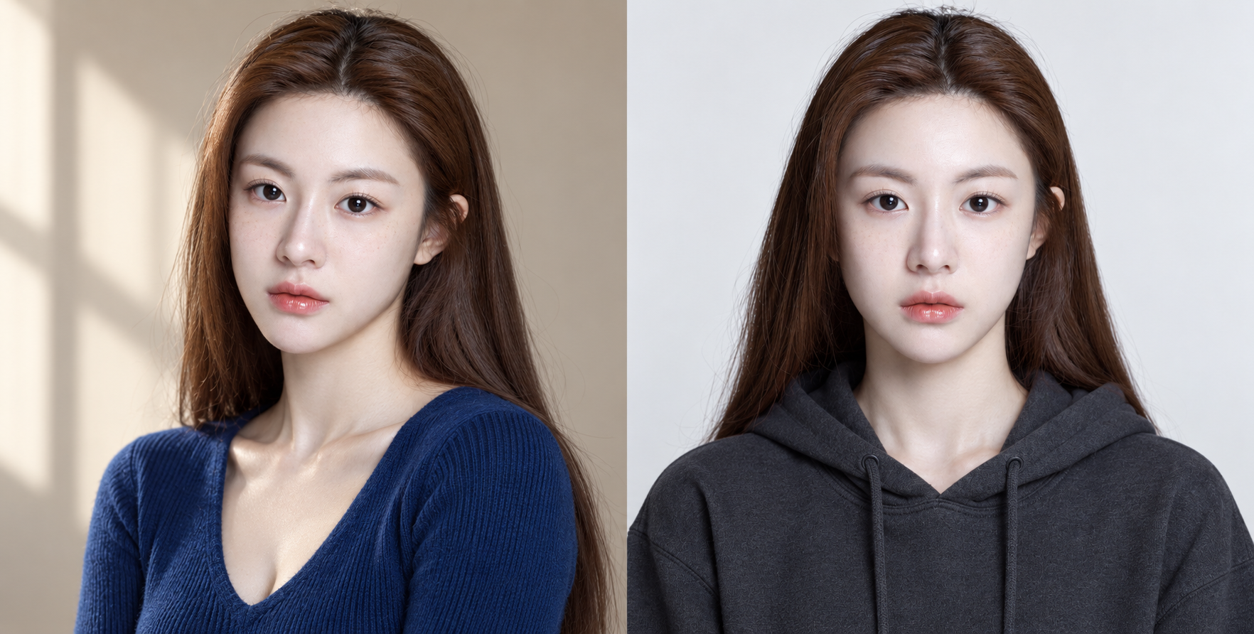 同一成年女性的蓝衣与连帽衫双幅肖像 — AI image creation