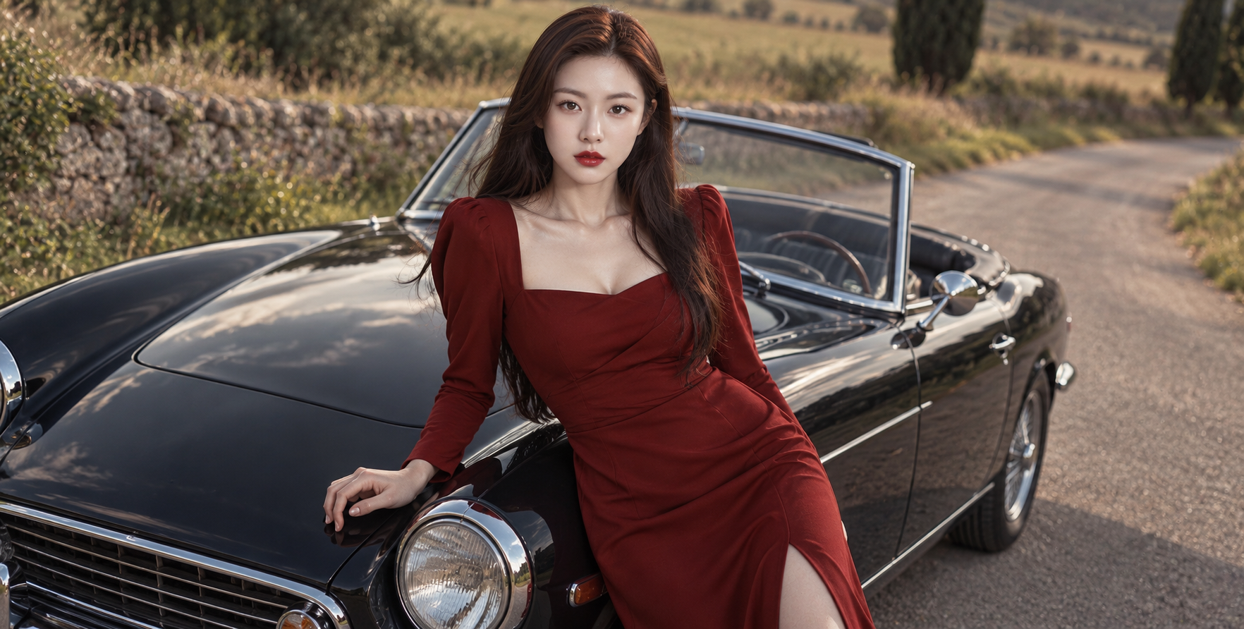 乡村公路红裙女郎倚靠复古黑车大片 — AI image creation