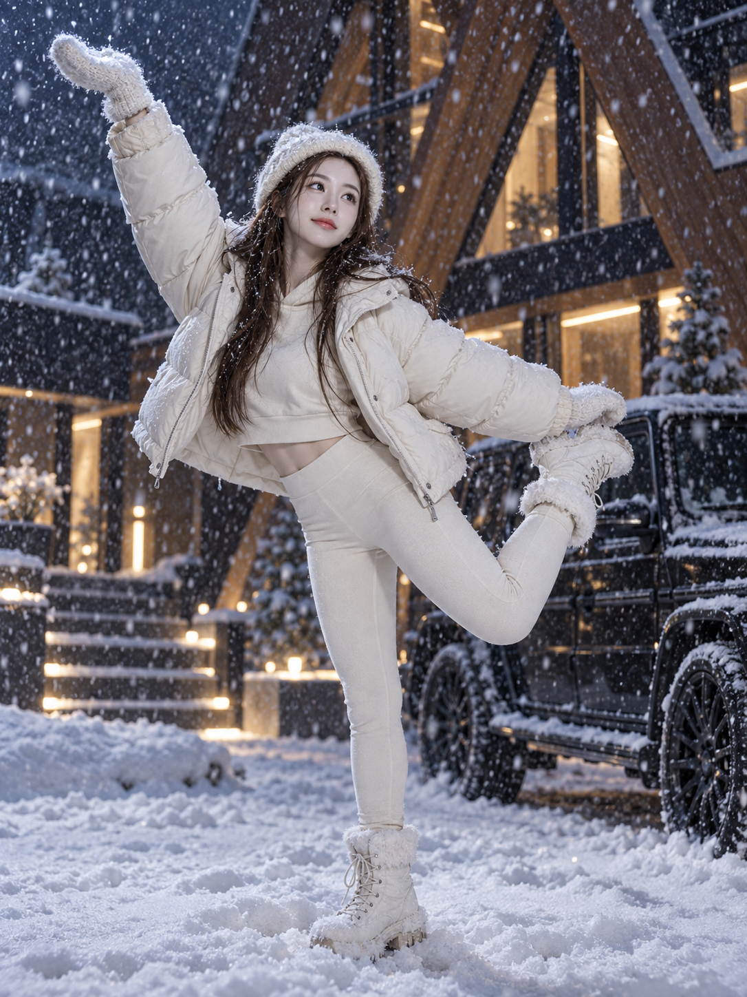 电影级光影下的雪夜动感时尚大片 — AI image creation