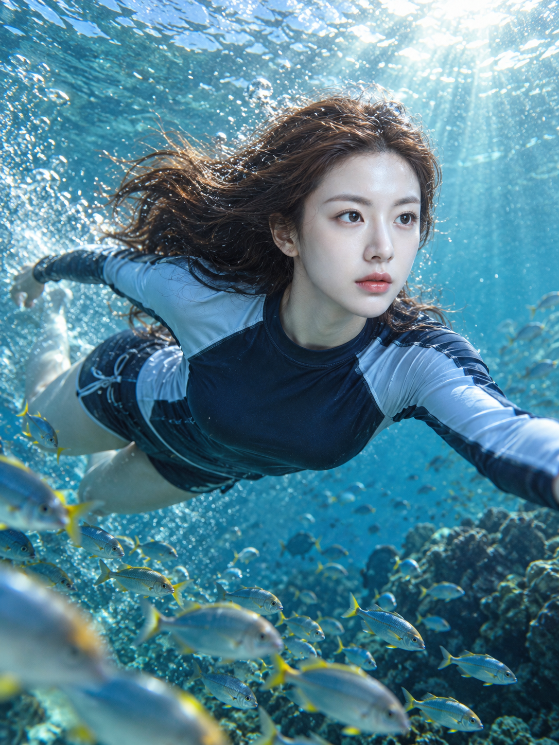 成年女性穿全覆盖泳装畅游海中鱼群