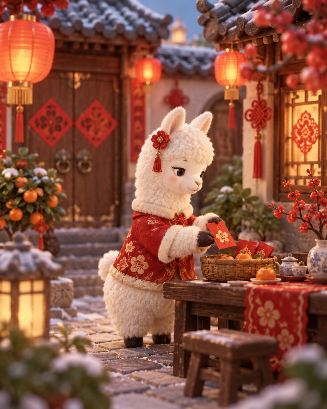 收藏玩偶风新年羊驼微缩庭院 — AI image creation