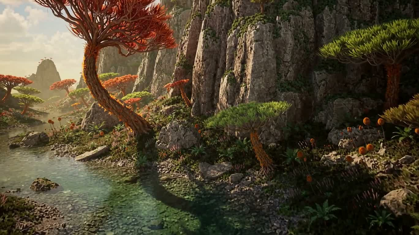 Sanctuaire extraterrestre : flore étrange et falaises au bord de l'eau